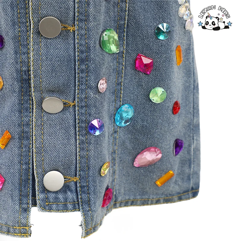 LEZONKIDS - OEM Custom Design A-Line Children Denim Skirt Hand Make Gems 2-14 Years Girls Denim Skirt